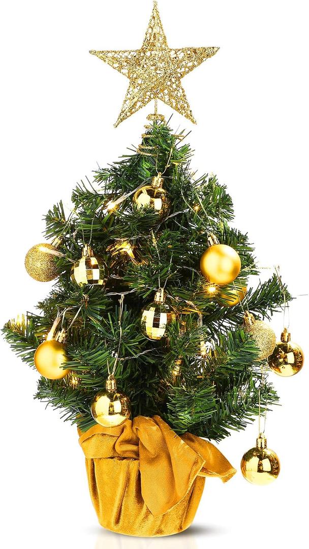 Sumind 24inch/2ft Tabletop Mini Christmas Tree Set with LED Lights, 24 Christmas Ball Ornaments, Pre-lit Small Artificial Green Tree Decoration for Xmas Table Indoor Holiday(Gold,Gold)