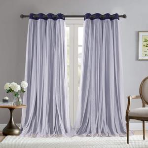 BONZER White Sheer Tulle Overlay Blackout Curtains Grommet Top Mix and Match Curtains for Living Room, Navy, 52x95 Inch, Set of 2 Panels