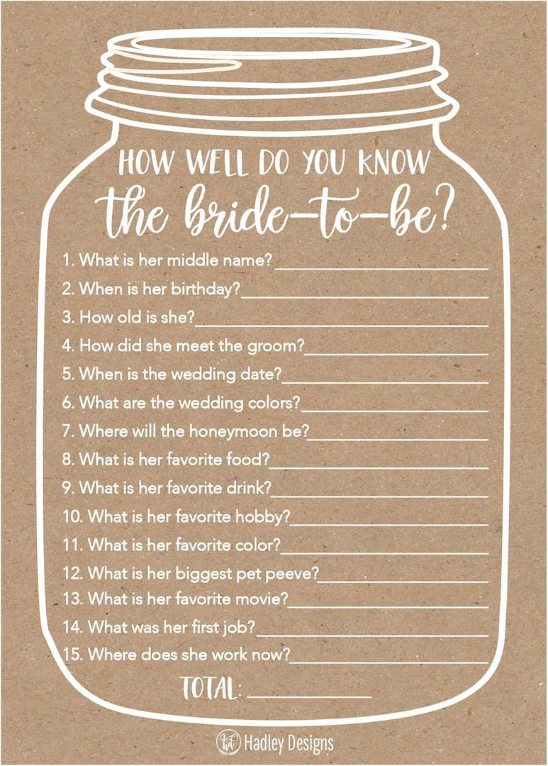 Hadley Designs 25 Cute Rustic How Well Do You Know The Bride to be Bridal Wedding Shower, Bachelorette Party Game, Couples Guessing Question Set of Cards Pack Unique Printed Engagement