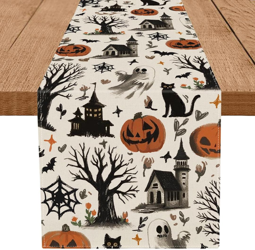 Halloween Table Runner Ghost Pumpkin Haunted House Table Runners Seasonal Kitchen Dining Table Decoration for Home Party Banquet Decor 13x60 Inch