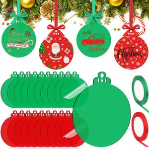 Blulu 60 Pcs Acrylic Christmas Ornaments - Round Red & Green Acrylic Discs with Holes & 2 Rolls Ribbon for DIY Vinyl Ornaments (4 Inch)