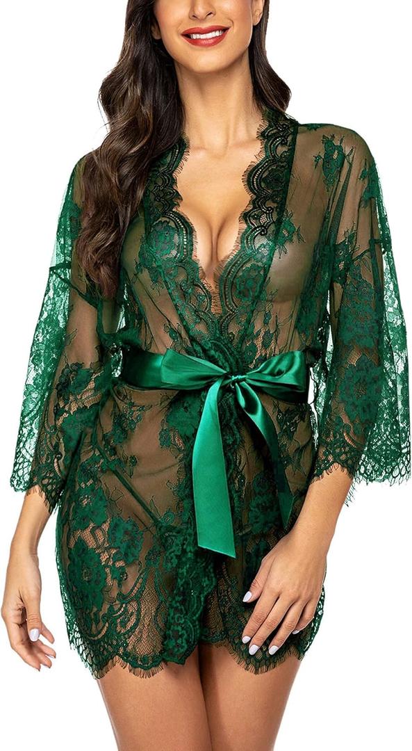 Avidlove Women's Lace Kimono Robe Babydoll Lingerie Mesh Nightgown S-5XL (Large, Dark Green)