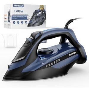 IRONDAY Steam Iron for Clothes 20s Fast Heating, 1700W Iron with 15.21oz Large Water Tank, 3-Way Auto shutoff, Burst Steam, Spray Mist, Anti-Drip, Self-Cleaning, Vertical Ironing for Home, Blue
