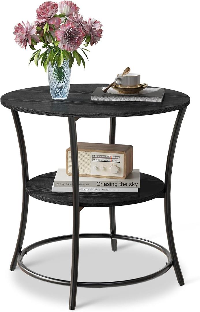 WLIVE 2 Tier Round End Table Steel Frame Small Space Living Room Nightstand | 2 Open Storage Shelves Adjustable Foot Pads Fits Sofa Bed Desk; Coffee Table Accent Table Side Table for Small Rooms, 21.7" D x 21.7" W x 21.7" H