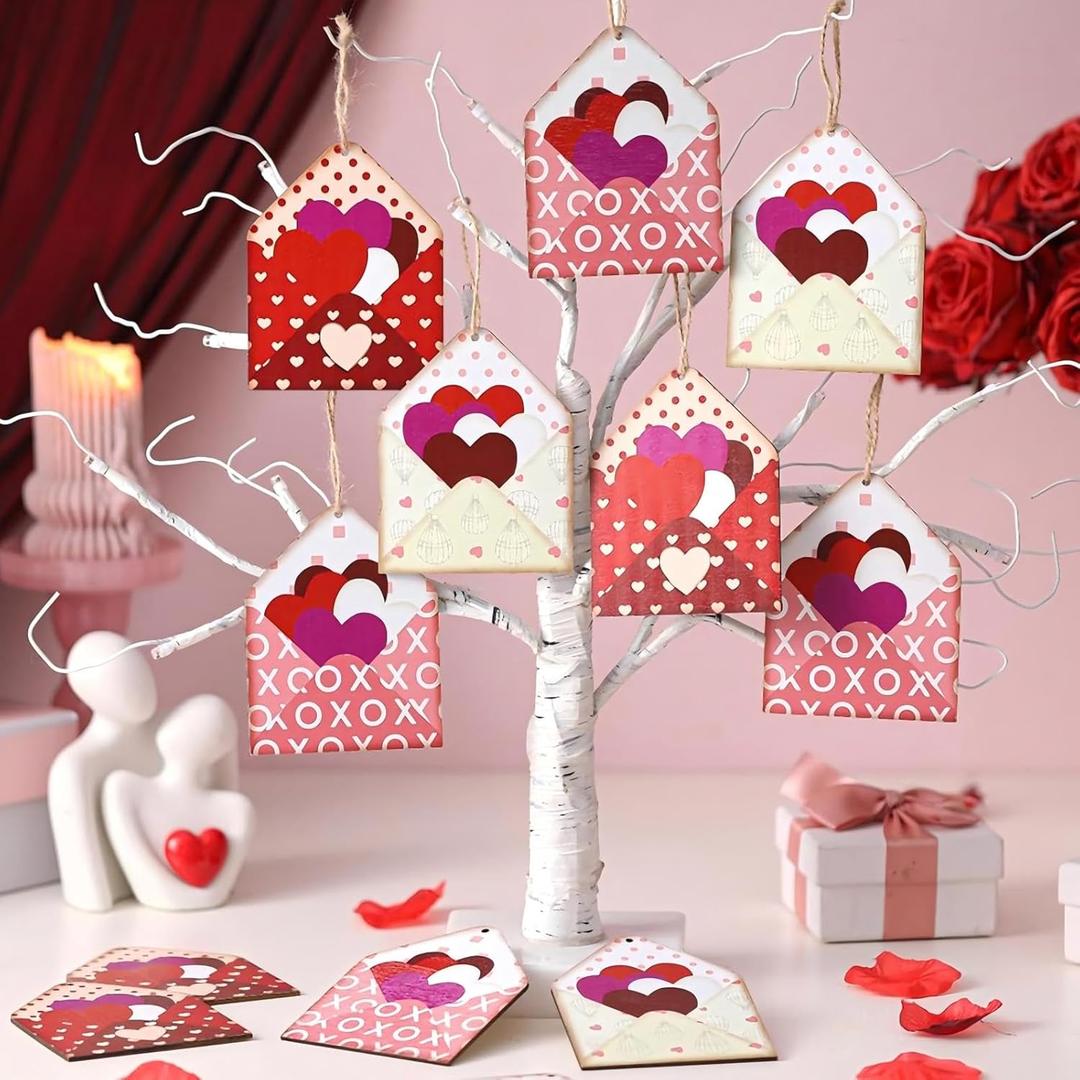 Chunful 12 Pcs Large Wooden Heart Envelope Ornament Valentine Decorations for Tree 4 Inch Love Letter Envelope Hanging Tags with Ropes Red Pink Cutouts Romantic Valentines Decor for Home Office Gift