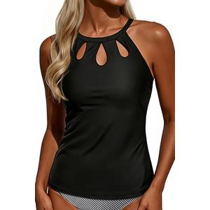 Tempt Me High Neck Tankini Top Backless Bathing Suit for Women Key Hole Swimsuit Swim Top Only (Small, Black)