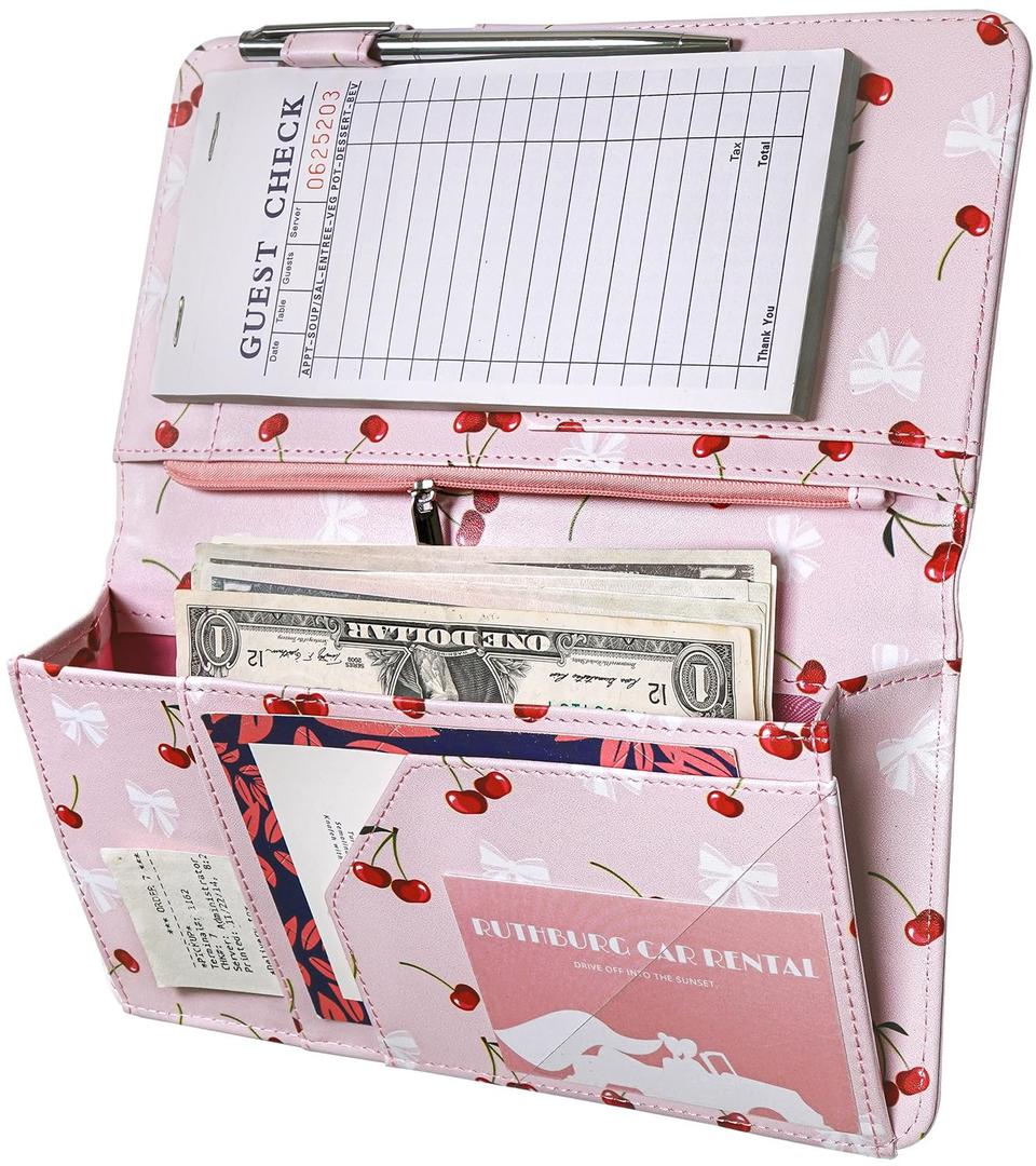 Zreal Cute Server Book for Waitress, Waiter Book with Zipper and Magnetic Pocket, Cherry & Bow Print Serving Book for Waitstaff in Restaurants, Leather Waitstaff Organizer Fits Server Aprons(Pink)