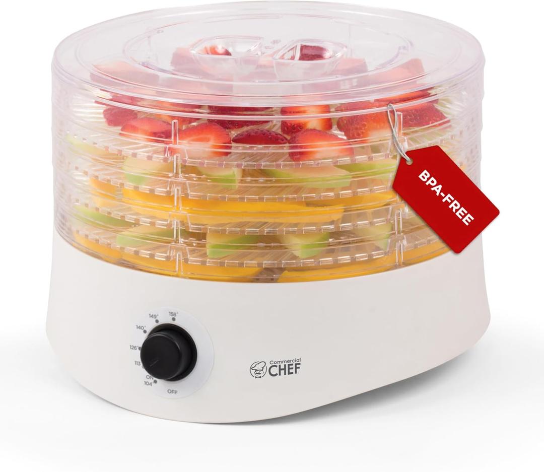 Commercial Chef Food Dehydrator, Five 9.25 BPA-Free Plastic Trays, Dehydrates and Dries Meat, Fruit, Veggies and Jerky, 280W Dehydration Machine, Adjustable Thermostat, CCD100W6, White