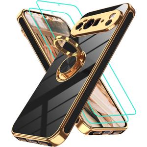 Gritup for Google Pixel 10 Pro XL Case: 2Pcs Screen Protector | 360 Rotation Ring Holder Magnetic Kickstand | Plating Gold Edge Soft TPU Protective Basic Cover Funda para Pixel 10 Pro XL Black
