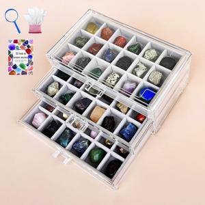 Rock Collection Display Case - 54 Slot Crystal Display Box, Acrylic Rock Display Shelf | 3-Tier Gemstone Organizer Box for Minerals, Shells, Miniatures & Souvenirs, Clear Display Case for Collectibles