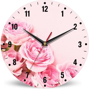 SPUNKER Wall Clock,Pink Roses Flowers Wall Clocks for Living Room Decor,Floral Kitchen Clocks Wall Battery Operated - 10 Inch Round Bathroom Wall Clock Silent Non-Ticking