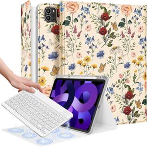 for iPad Air 11 inch case with Keyboard M3/M2, Air 5th/4th Generation 10.9, Pro 11 Case with Pencil Holder Folio Women Girl Cute Kawaii for Apple Tablet Cover Air 11 M3/M3, Vintage Flowers