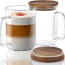 DRASTAR Glass Coffee Cups, 20 oz Large Coffee Mugs, Flat Bottomed Cups with Acacia Wood Lid, Glass Tea Cup with Handle, ClearTea Cup Set of 2