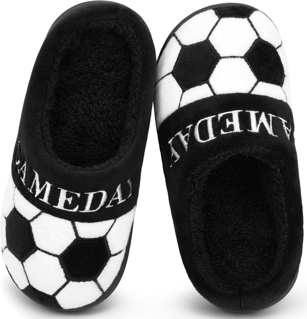 INMINPIN Kids Girls Boys Ball Sports Slippers Soft Curly House Shoes Memory Foam Non-Slip Indoor Outdoor Slippers for Sports Fan (6-7 Big Kid, Soccer Black)