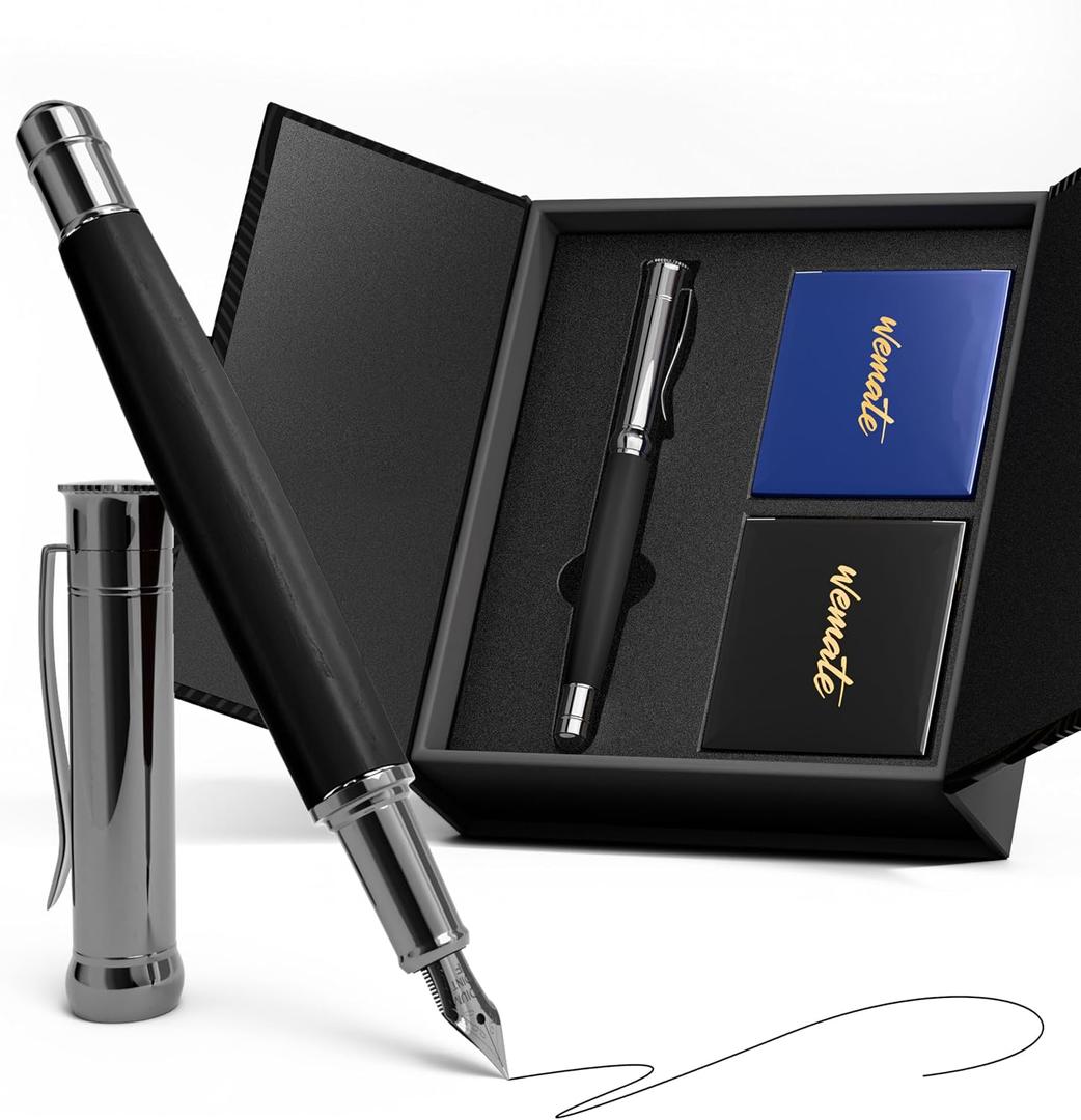 WEMATE Fountain Pen Set, Fine Nib with 20PCS 2.6MM Ink Cartridges(10 Black&10 Blue),1 Ink Converter, Nice Luxury pen for Men, Women, Cool Wooden Fountain Pen for Writing, Journaling, Calligraphy