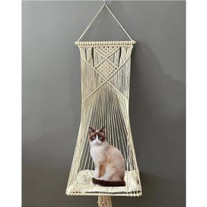 Macrame Hanging Cat Hammock Cat Swing Bed for Indoor Cats, Boho Cats Perch Bed for Sleeping, Playing, Climbing, and Lounging (Beige)