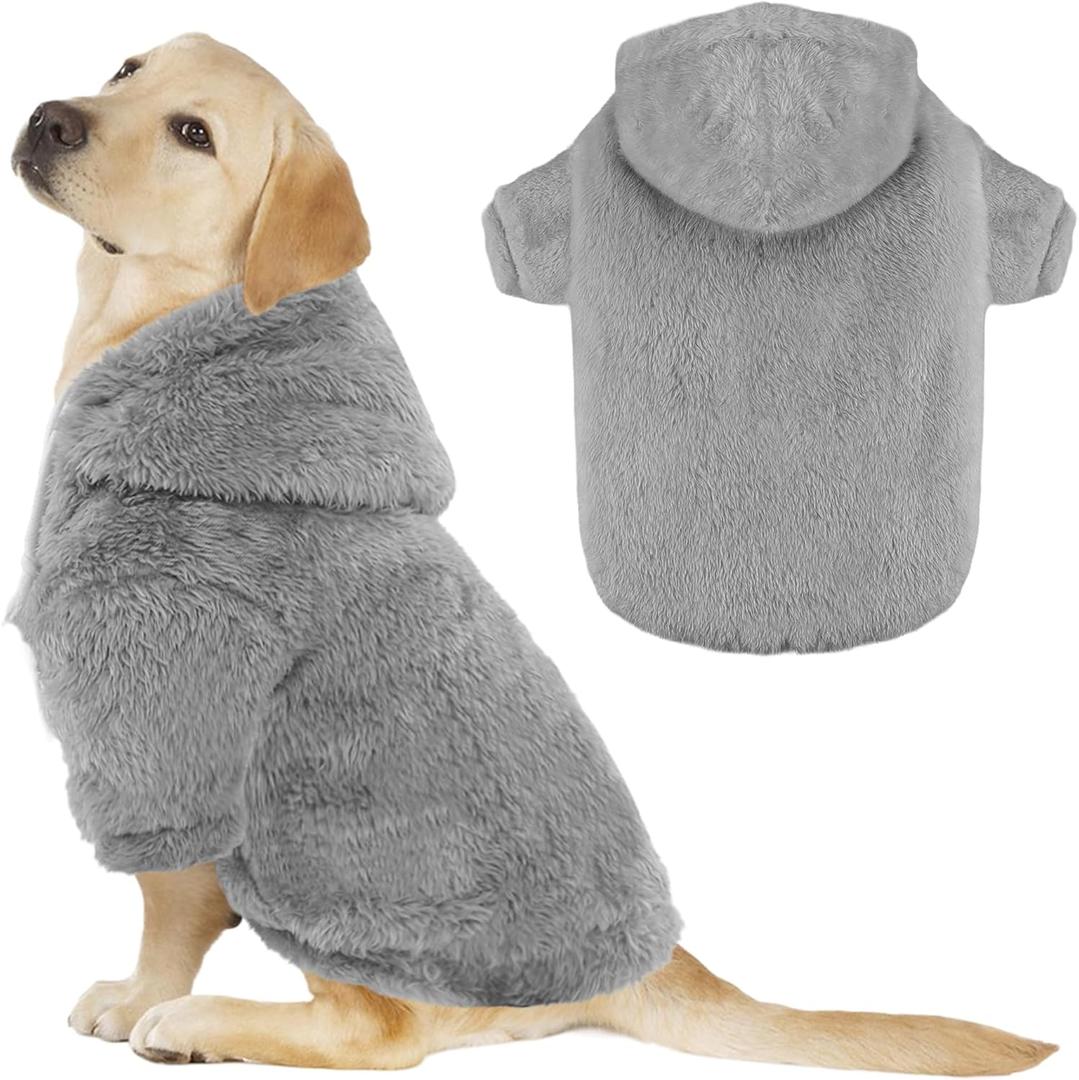 Fuzzy Dog Hoodie Sweater for Large Dogs Warm Winter Dog Clothes with Double-Sided Plush Fleece Soft Stretchy Pet Coats Hooded Sweatshirt for Large Dogs (L (Back: 20.47",Chest: 28.35",25-35lbs), Grey)