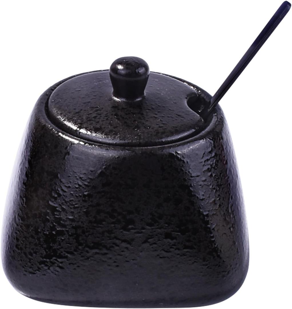 Japanese Black Sugar Bowls with Lid Ceramic Salt Container with Stainless Steel Spoon for Sugar Pepper Spices