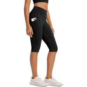ODODOS High Waist Workout Capris with Pockets for Women, 14" / 19" Tummy Control Yoga Capri Leggings (Black, M)