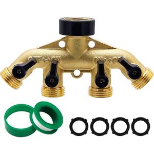 Biswing 4 Way Brass Hose Splitter, 3/4" Brass Hose Faucet Manifold, Garden Hose Adapter Connector, Hose Spigot Adapter with 4 Valves