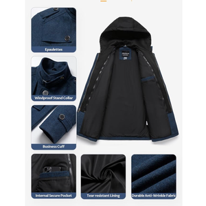 CREATMO US Men's Classic Pea Coat Wool Blend Trench Coat Windproof Business Overcoat With Detachable Hood Size 2XL
