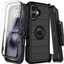 for iPhone 16 Plus Case with Belt Clip Holster,2X Screen Protectors,Heavy Duty Shockproof Drop Protection Military Grade 3 Layers Full Covered Rugged Durable Phone Cover with Kickstand 6.7 (Black)