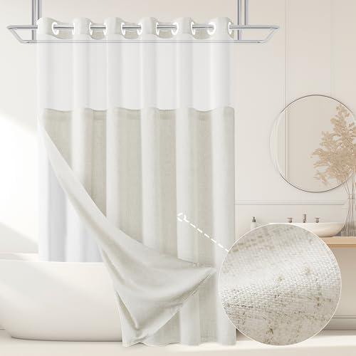 Jowels No Hooks Needed Linen Shower Curtain and Liner Set, Ivory Hotel Luxury Decor Shower Curtains for Bathroom with See Through Top Window, Water Resistant Fabric,72Wx84L,Ivory