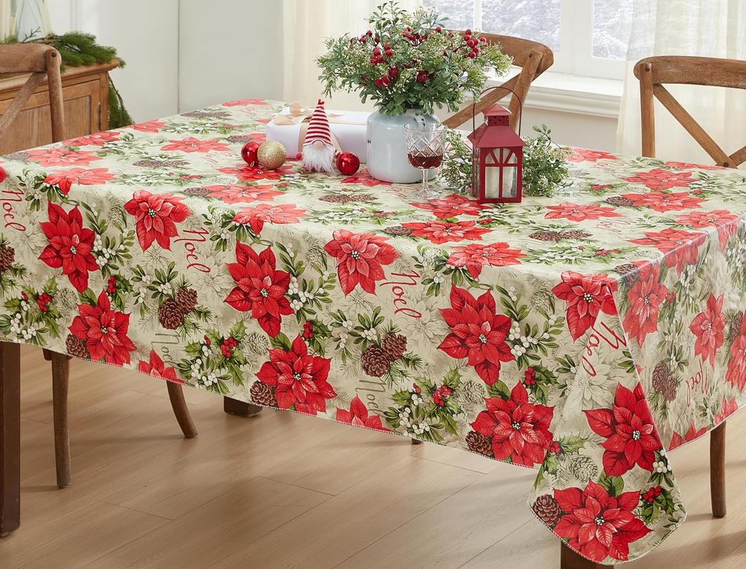 Newbridge Majestic Winter Poinsettia Christmas Vinyl Tablecloth with Flannel Backing, Noel & Holly Berry Holiday Print, Easy Care Wipe Clean Table Cover, 52 x 70 Inch Rectangle