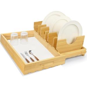 Bamboo Dish Drying Rack with Diatomaceous Earth Dish Drying Pad, Ultra Absorbent, Instant Dry, Space - Saving&Pull-out Design, Eco - Friendly Drying Mat for Dishes Cups, Match Any Countertop