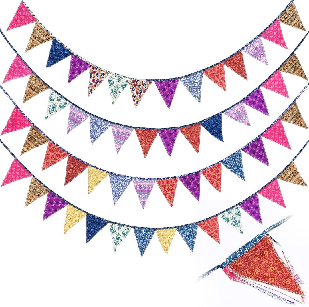 24ft Kantha Quilt Garland Recycled Sari Bunting Kantha Fabric Pennant Banner 4 Pcs 6ft Handmade Vintage Boho Garland for Birthday Party, Wedding, Outdoor and Home