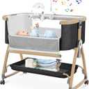 Bedside Bassinet,Bassinet Bedside Sleeper,Rocking Bassinet,3 in 1 Portable Bedside Crib with Mattress,Mobile,Mosquito Net,Storage Basket,6-Height Adjustable Bassinet with Wheels for Newborn,Deep Grey