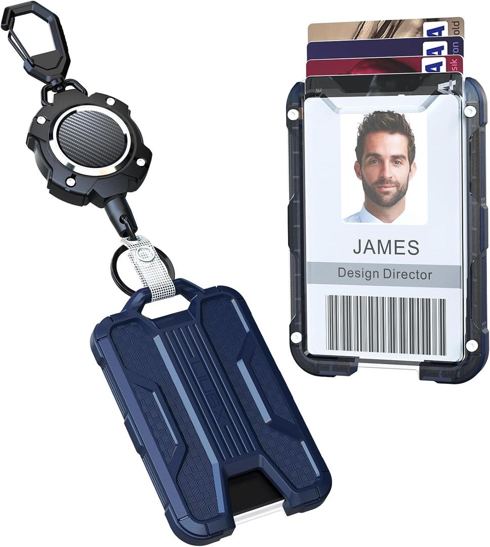 LIUGX Retractable Badge Holders, Heavy Duty Carabiner Keychain Clip,Durable ID Card Holder (Holds 4 Cards), with 31.5” Retractable Badge Reel,10,000+ Rebound,Carbon Fiber-Texture,Dark Blue