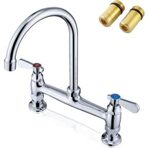 Commercial Sink Faucet 8 Inch Center Deck Mount Faucet with 8 Inches Gooseneck Swviel Spout Favorpo Kitchen Faucet for Restaurants Laundry Room Utility Sink, 2 Handle, 2 Holes, Brass Structure