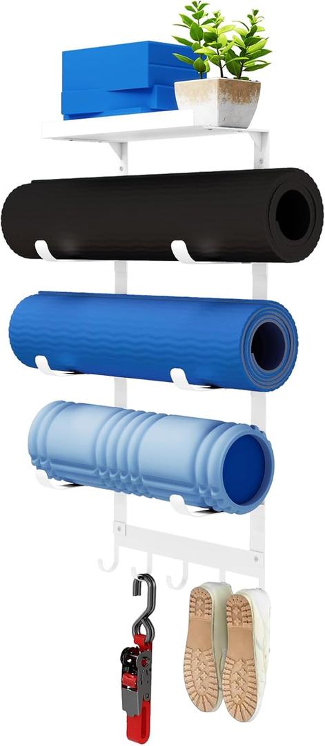 LSK Yoga Mat Holder Wall Mount, Black Yoga Mats Storage Rack, Home Gym Storage with Metal Floating Shelf for Storing Fitness, Yoga Mat Rack with 5 Hooks for Hanging Foam Rollers and Resistance Bands