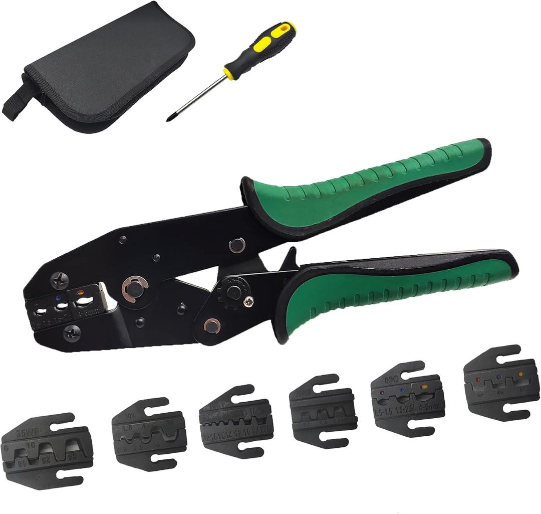 6 in 1 Ratchet Wire Crimping Tool Kit Ratchet Wire Crimper with 6PCS Interchangeable Jaws for Solar, Heat Shrink, Open Barrel, Insulated and Non-Insulated Ferrules
