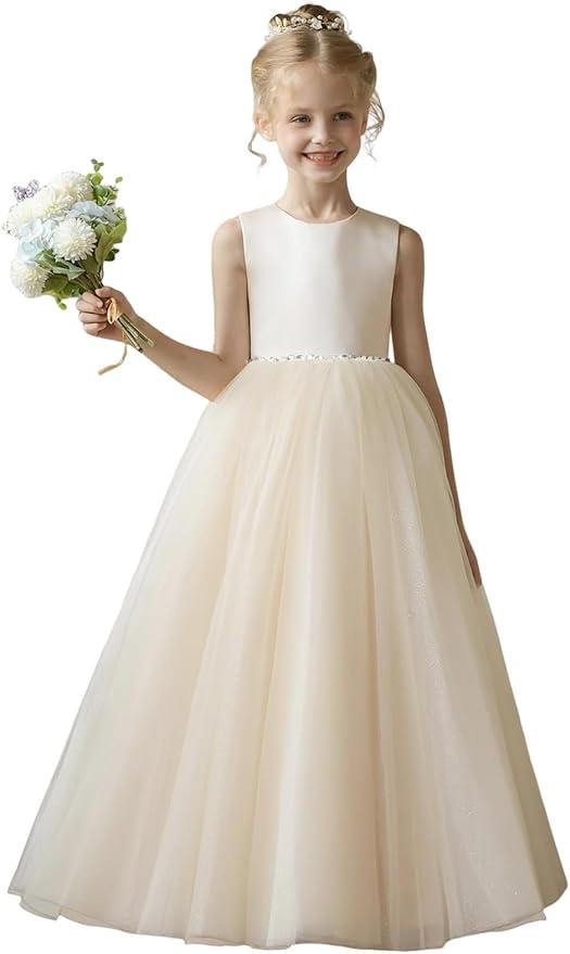 Flower Girl Dresses for Wedding Puffy Satin Tulle Princess Pageant Dress for Girls Crew Neck Tulle Bow Prom Ball Gowns (6, Champagne)