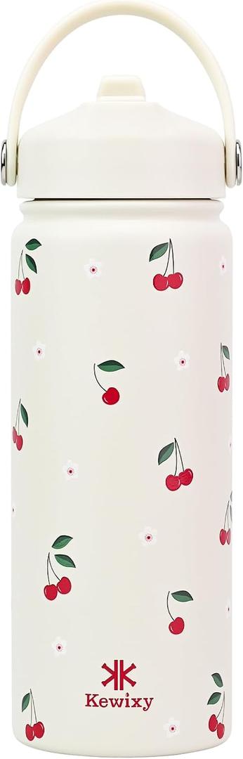 18 oz Insulated Water Bottle with Straw, Leak Proof, Cup Holder Fit, Stainless Steel with Flip Straw and Handle, Reusable, Metal, for Travel, Gym and School (Cream Cherry)
