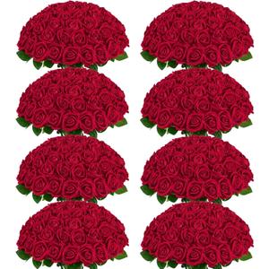 200 Pcs Red Roses Artificial Flowers, Real Touch Velvet Roses Bouquet Fake Flowers Bulk, Artificial Roses with Long Stems for Birthday Gift Women Mom DIY Bridal Wedding Centerpiece Decorations