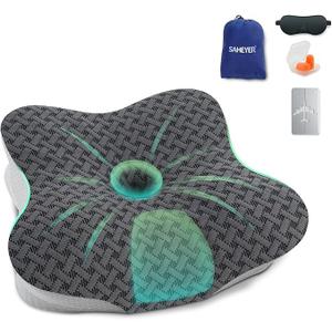 SAHEYER Travel Pillow for Sleeping, Ergonomic Cervical Neck Support Pillows, Lightweight Memory Foam Travel Pillow for Camping, Backpacking, Hammock - with Travel Storage Bag and Cooling Cover, Black