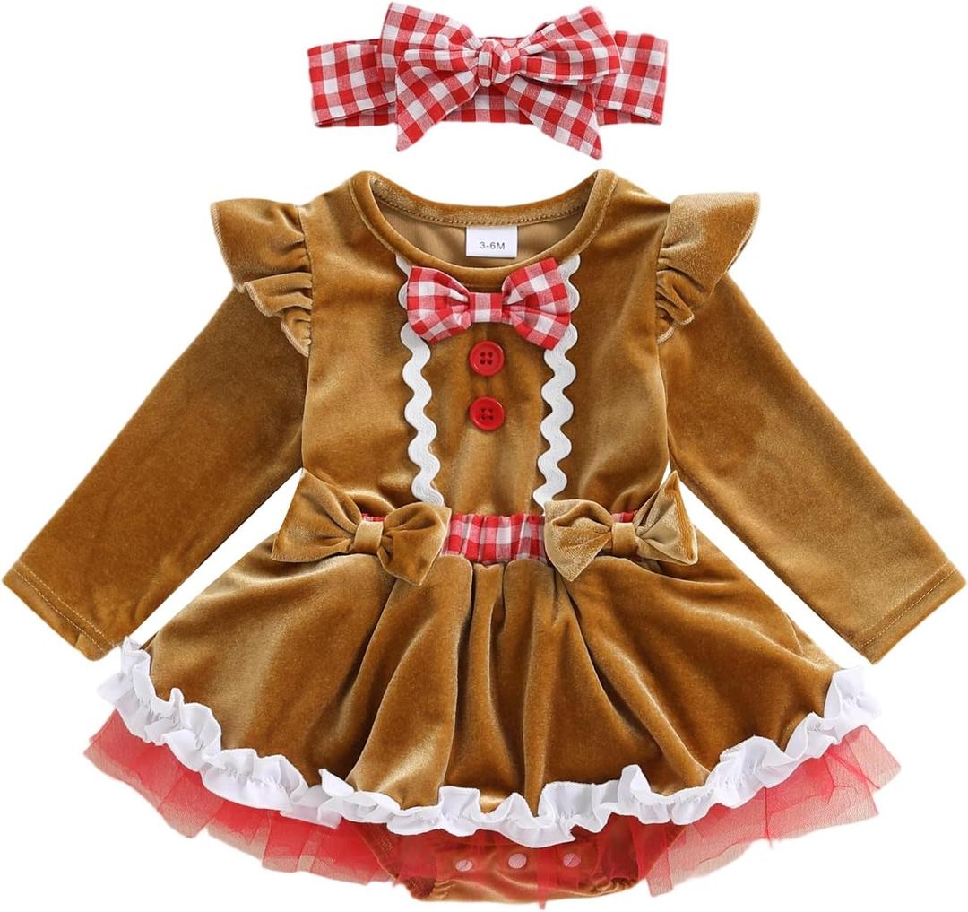 Infant Baby Girl Christmas Outfit Gingerbread Man Costume Long Sleeve Bowknot Lace Trim Velvet Romper Dress (3-6 Months, Brown)