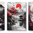 PBXBJY Japanese Canvas Wall Art 3 Pieces Japanese Landscape Painting Prints Red and Black Cherry Blossom Trees Building Pictures Living Room Office Decor Frame (16x24inchx3Pcs)