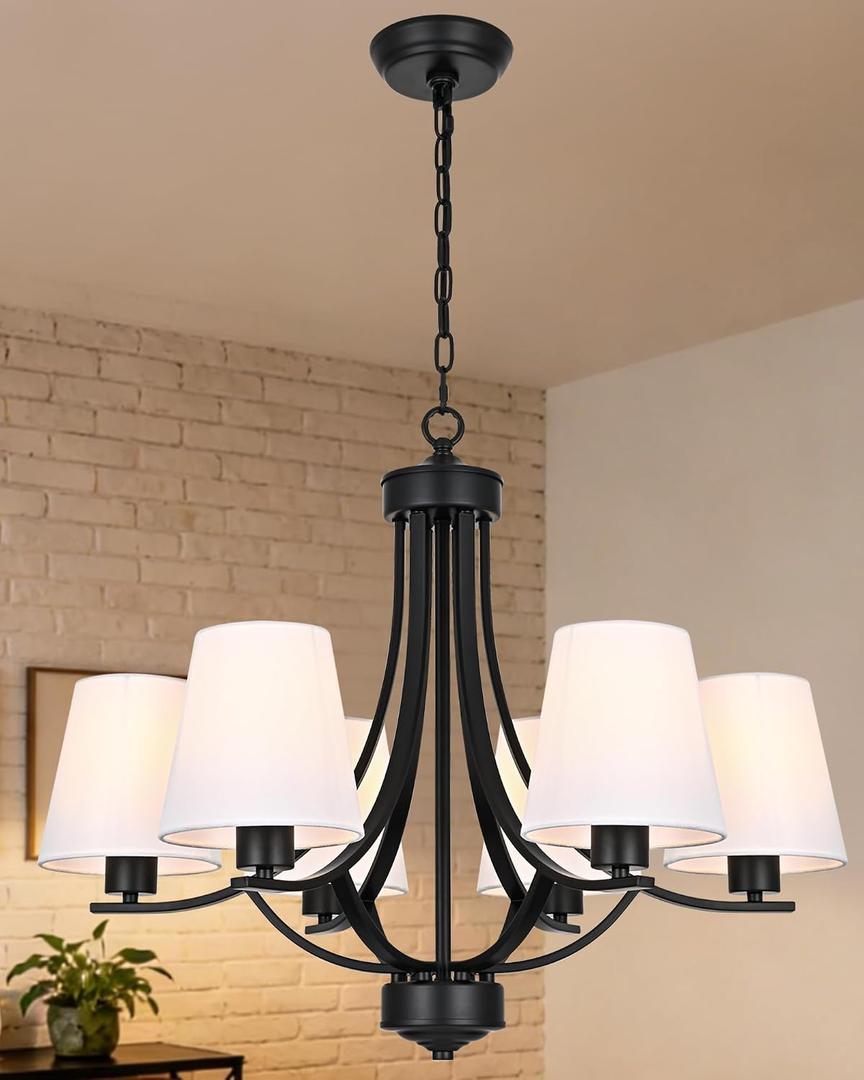 Farmhouse Chandeliers 6 Light Black Contemporary Pendant Lighting Rustic Dining Room Lighting Fixtures Hanging with White Fabric Shade, Flush Mount Ceiling Light for Bedroom Foyer
