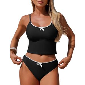 ZAFUL Womens Tankini Swimsuits Tummy Control High Cut Bow Decor Bathing Suits Two Piece Bikini Sets S