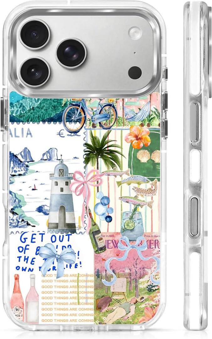 for iPhone 17 Pro Max Case, Clear with Beach Lighthouse Bicycle Collage Pattern Compatible with Magsafe Soft Protective Case for Women Girl (White)