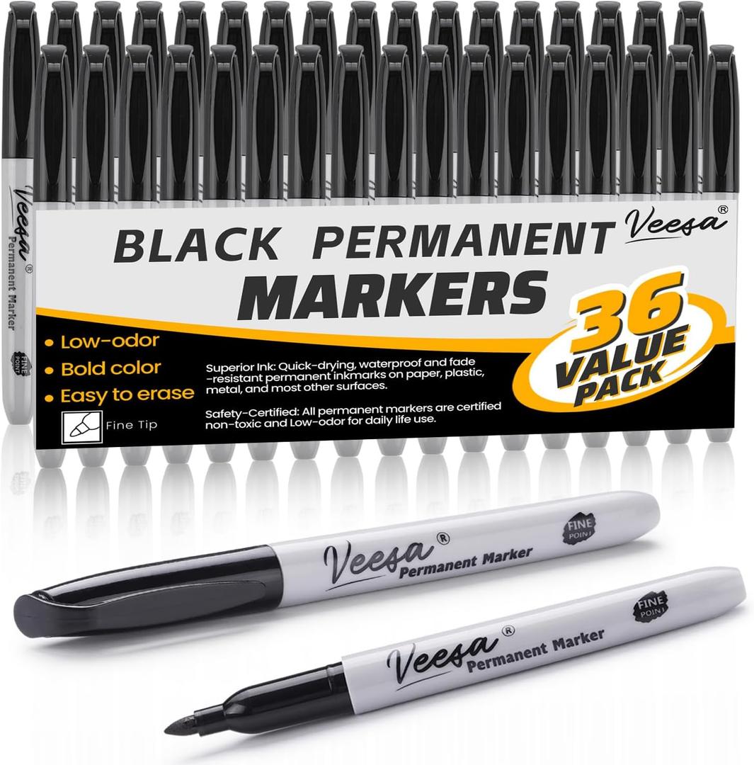 36 Pack Permanent Markers Fine Tip, Black Permanent Marker Pens for Office, School & Home, Waterproof, Smear-Proof, Quick-Drying