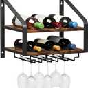 Wall Mounted Wine Rack for 6 Wine Bottles and 6 Glass Holder, 2-Tier Wall Wine Rack, Wood Wine Racks for Wall, Wood-Metal Wine Bottle Holder for Home Bar, Wine Kitchen Storage (Brown Black)
