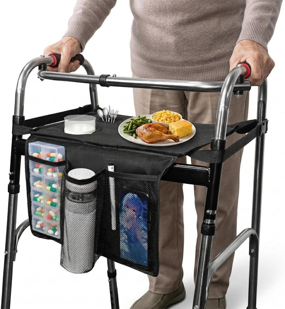 Walker Tray for Folding Walker,Walker Basket Bag,Trays for Walkers for Seniors Detachable with Cup Holder,Walker Trays for Rolling Folding Walker,Walker Accessories for Elderly