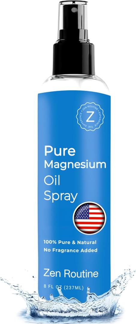 Zen Routine Pure Magnesium Oil Spray  8oz (Single) Organic USP Grade, Magnesium Oil for Feet, Magnesium from Ancient Minerals - Natural Magnesium Chloride, Made in The USA (8 Fl Oz (Pack of 1))