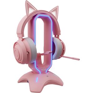 Tilted Nation Cute Headphone Stand Pink | Headset Stand with RGB, Mouse Bungee Holder, and 2 Port USB Hub Charger - Desk Gaming Accessories