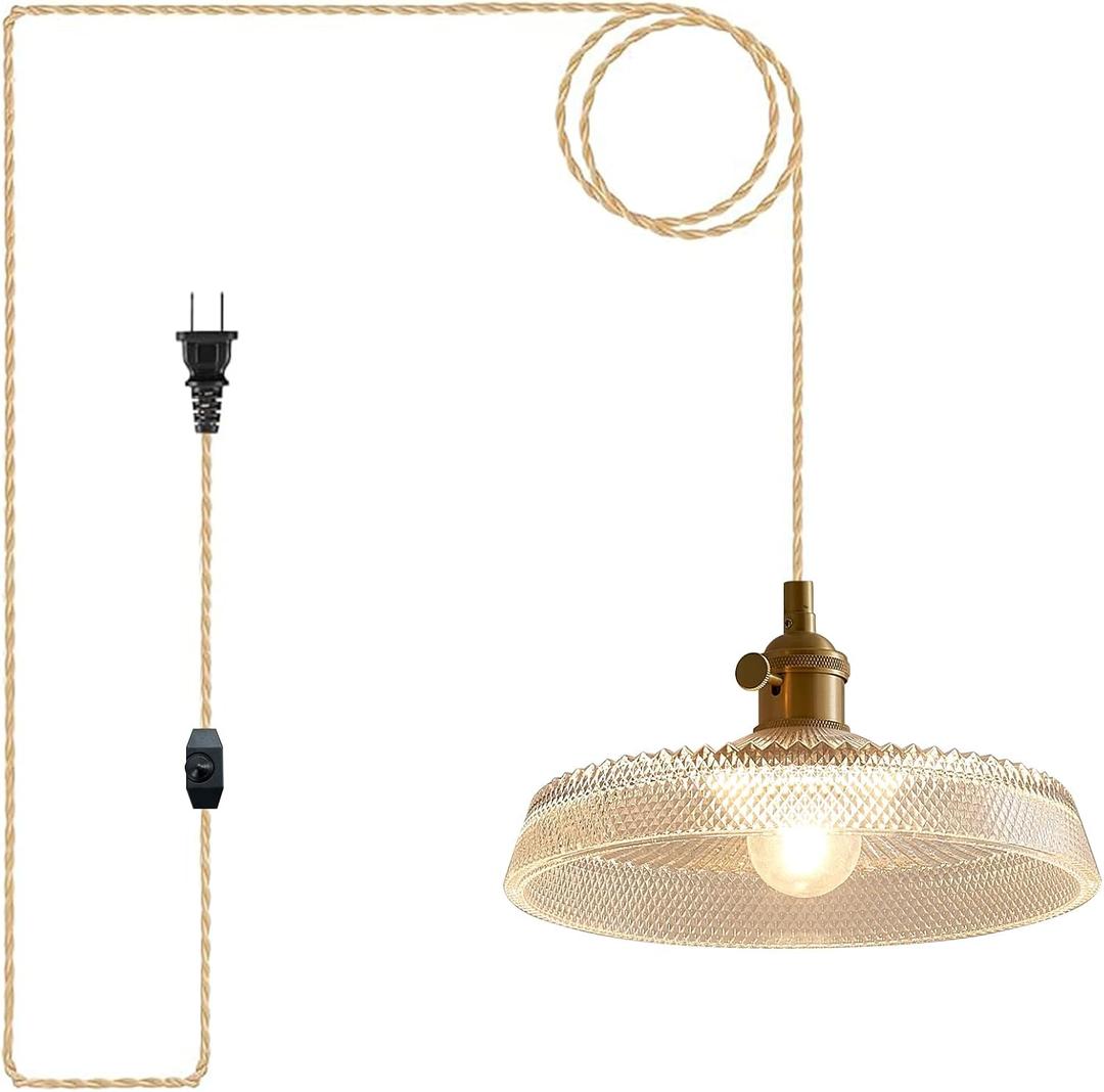 Plug in Pendant Light,9.1 Inch Glass Lampshade 14Ft Hanging Lights with Plug in Cord On/Off Switches Industrial Pendant Lights with Plug in Cord for Bedroom